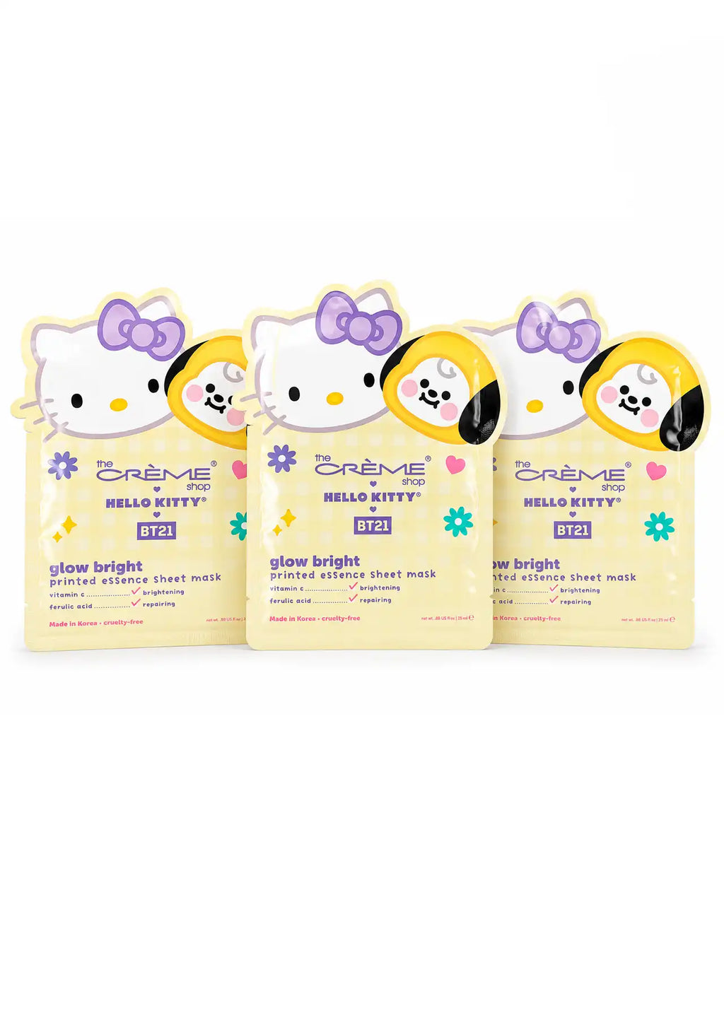 The Crème Shop x Hello Kitty & BT21 Set of 3 Glow Bright Printed Essence Sheet Mask