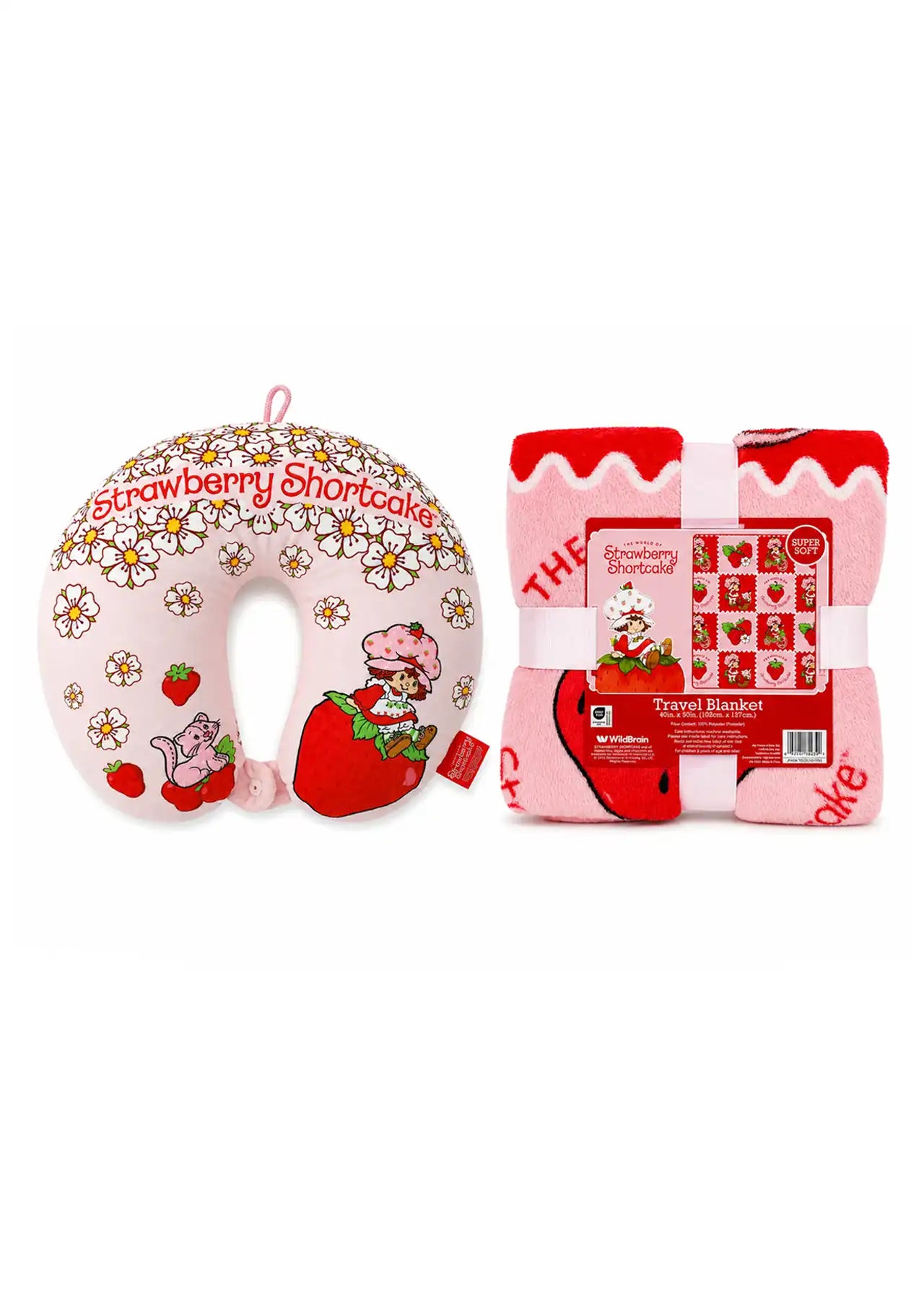 Strawberry Shortcake Travel Set, Super Soft Blanket & Memory Foam Neck Pillow Pink