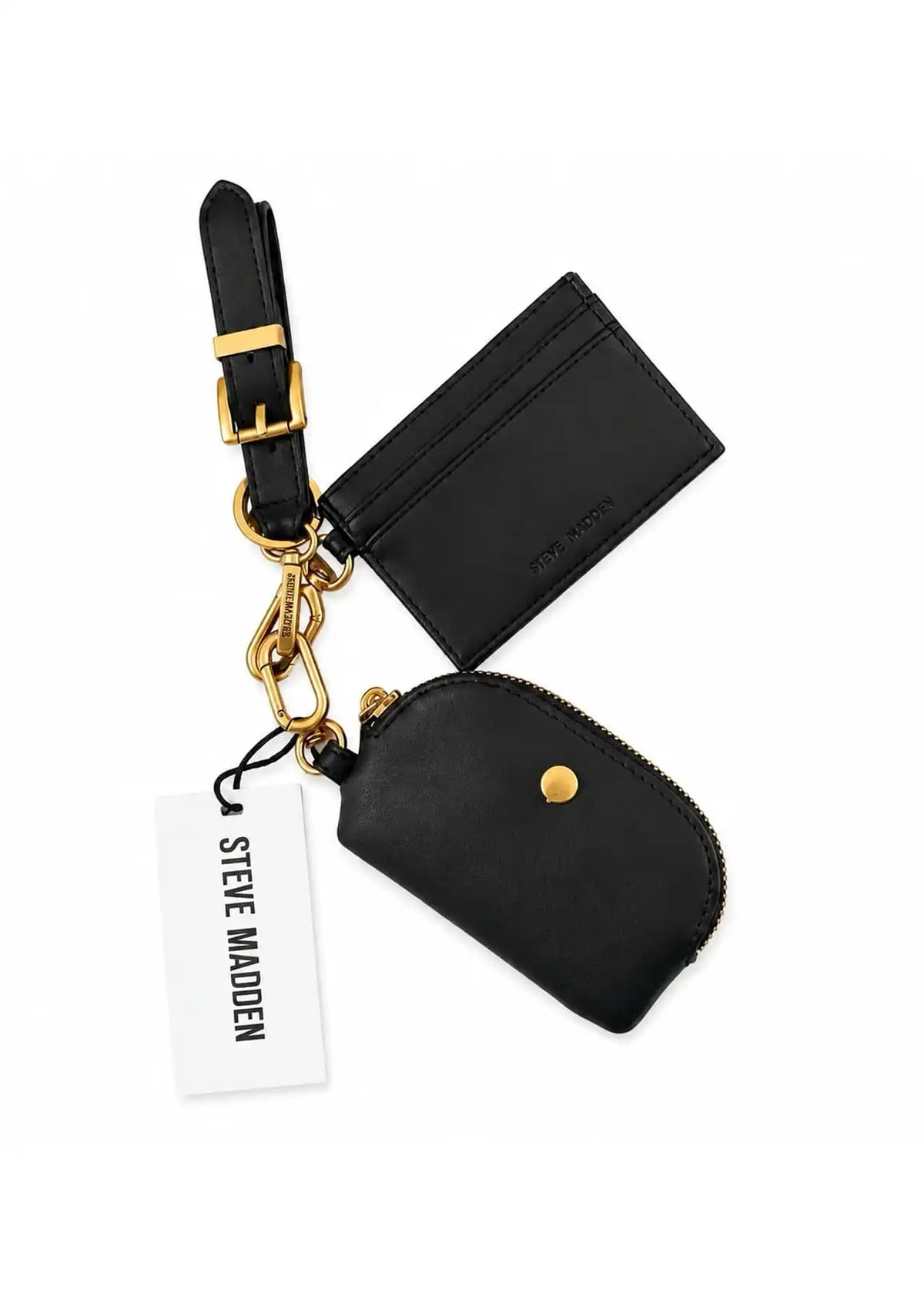 Steve Madden 2-Piece Keyring Cardholder & Pouch Set, Black with Gold Hardware