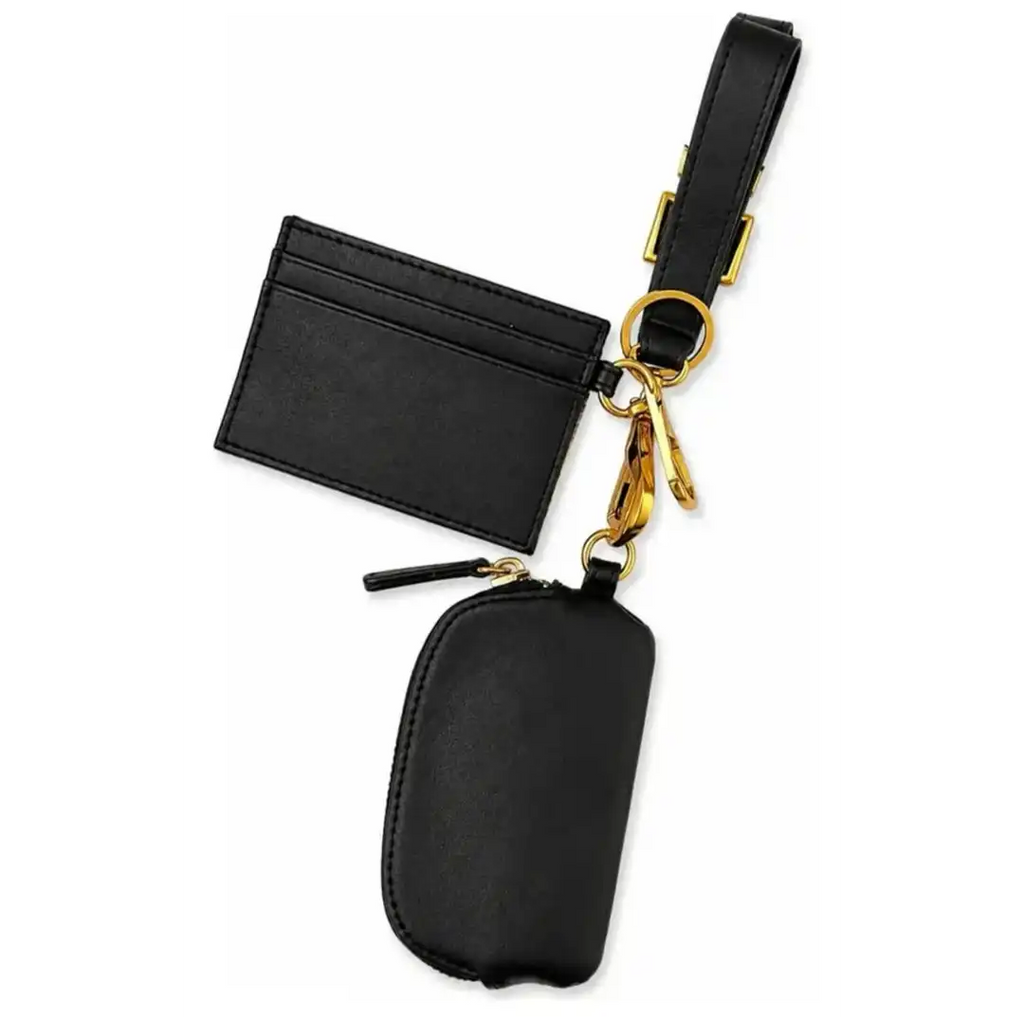 Steve Madden 2-Piece Keyring Cardholder & Pouch Set, Black with Gold Hardware
