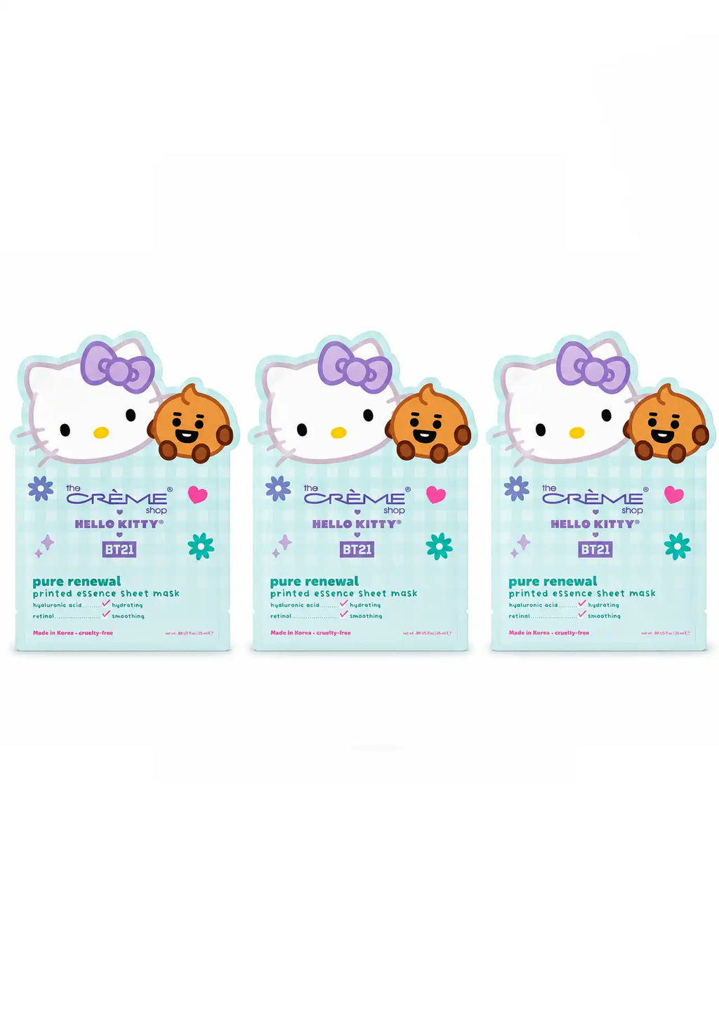 The Crème Shop x Hello Kitty BT21 Pure Renewal Printed Essence Set of 3 Sheet Masks