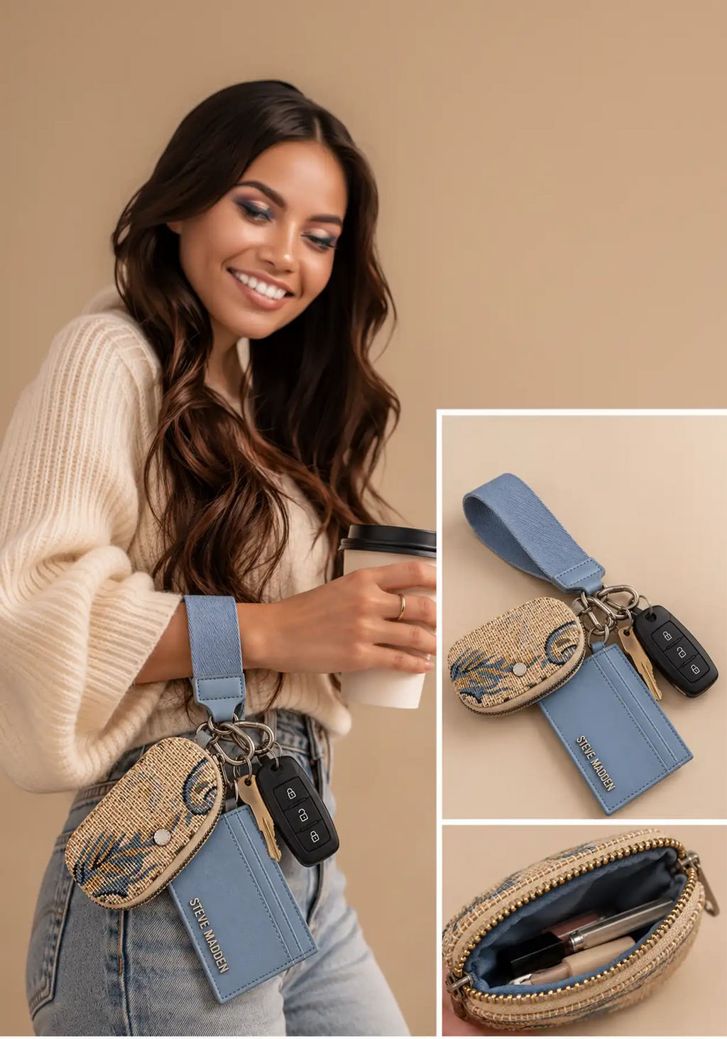 Steve Madden dusty blue wristlet wallet set, woven pouch and cardholder
