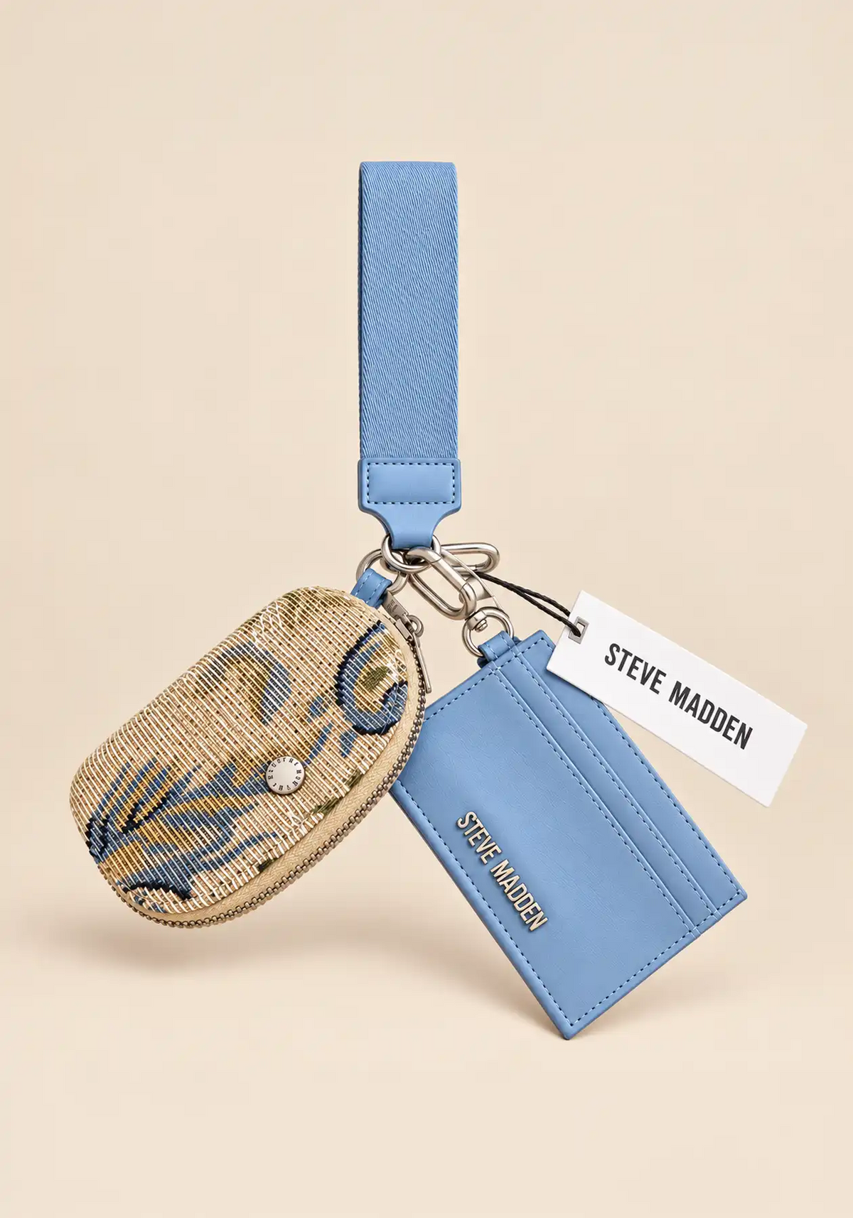 Steve Madden dusty blue wristlet wallet set, woven pouch and cardholder