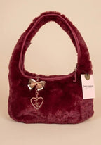 Juicy Couture Plush Faux Fur Shoulder Hobo Bag ,Burgundy / Wine with Gold Bow & Heart Charm