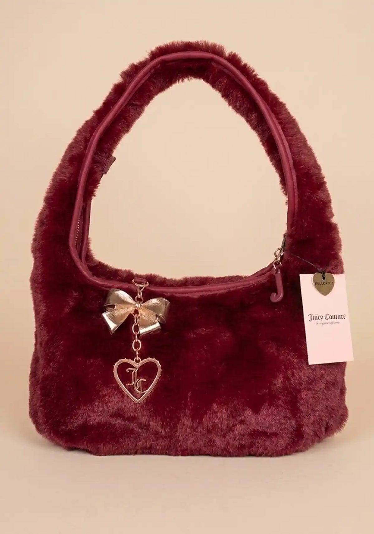 Juicy Couture Plush Faux Fur Shoulder Hobo Bag ,Burgundy / Wine with Gold Bow & Heart Charm