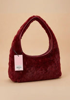 Juicy Couture Plush Faux Fur Shoulder Hobo Bag ,Burgundy / Wine with Gold Bow & Heart Charm