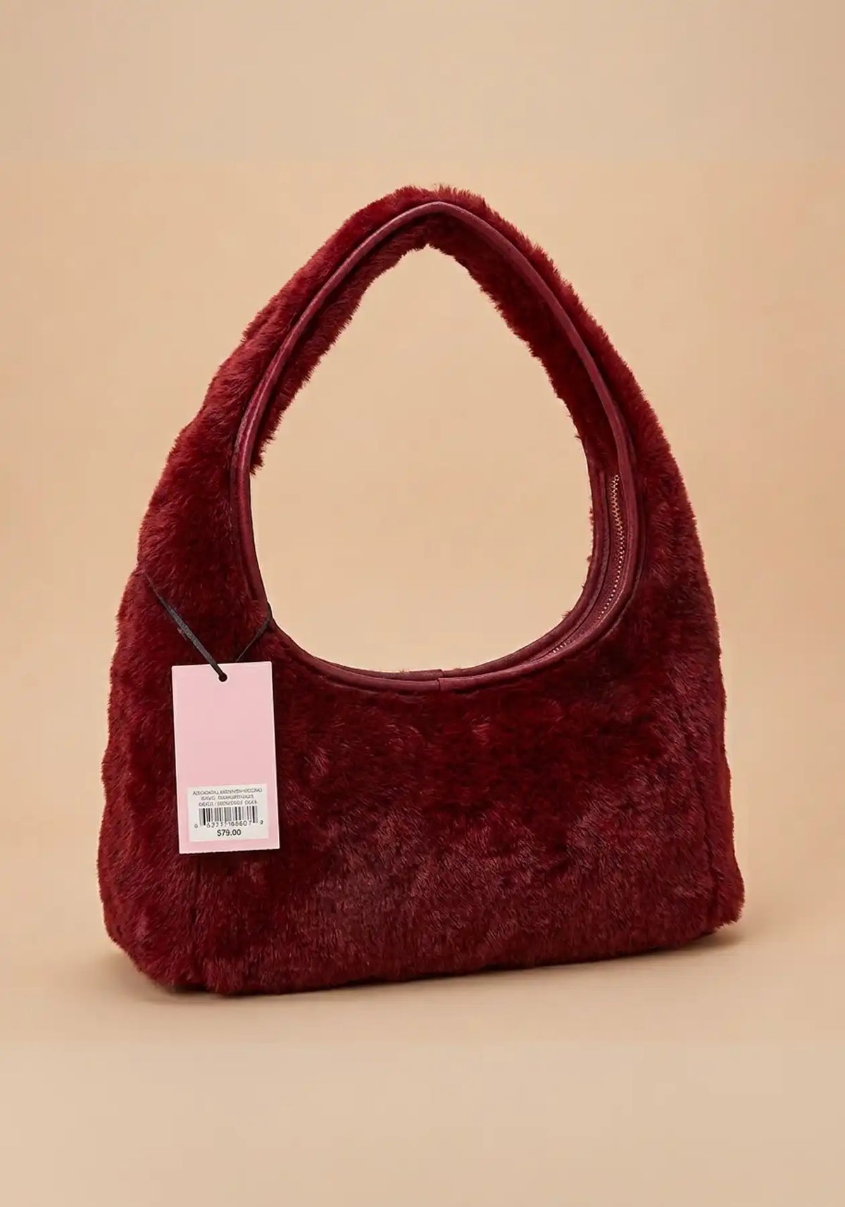 Juicy Couture Plush Faux Fur Shoulder Hobo Bag ,Burgundy / Wine with Gold Bow & Heart Charm