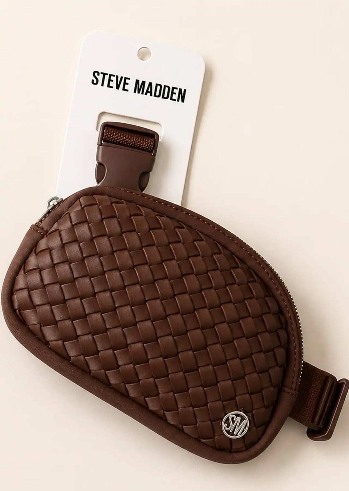 Steve Madden Woven Sling Crossbody Unisex Bag, Chocolate Brown