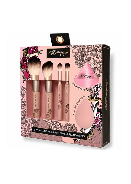 Ed Hardy 6-Piece Essential Brush, Puff & Blender Makeup Set