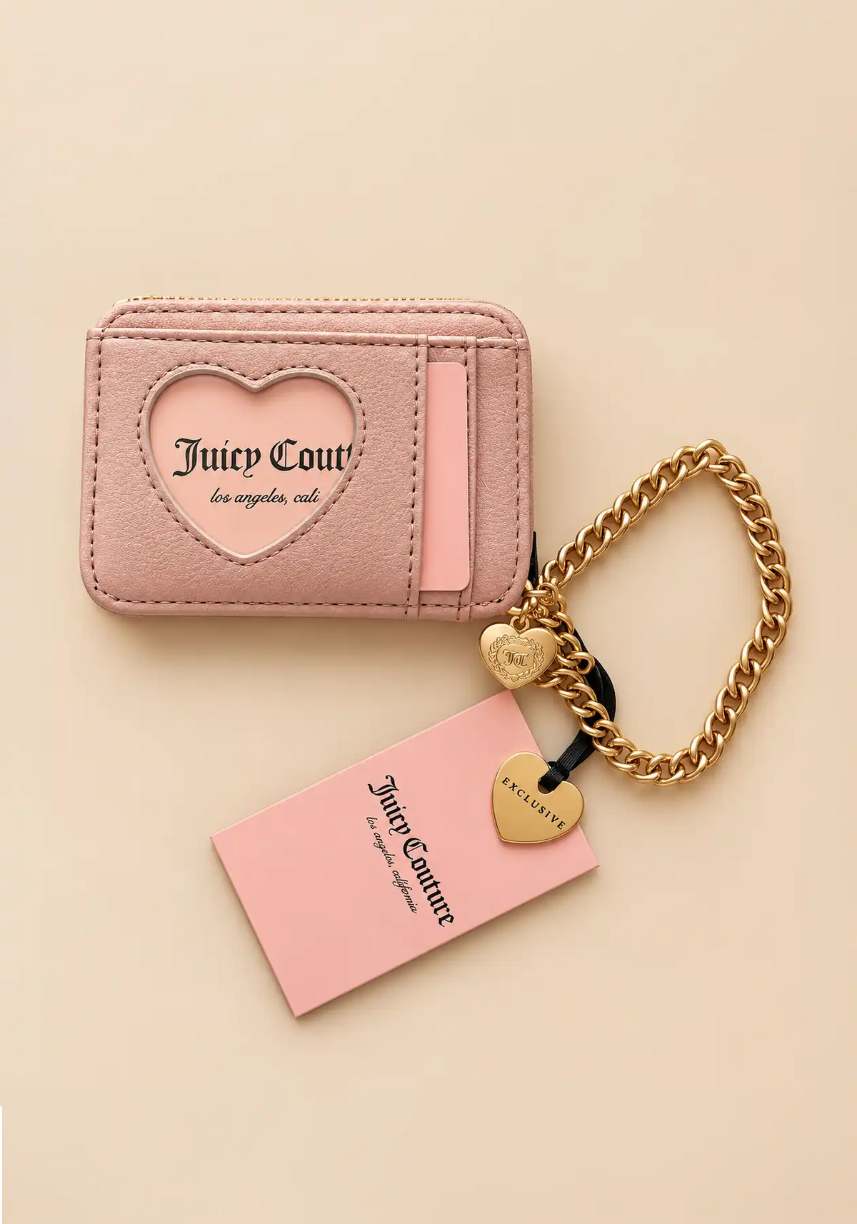 Juicy Couture Pink & Brown, Velour Wristlet Wallet with Gold Chain
