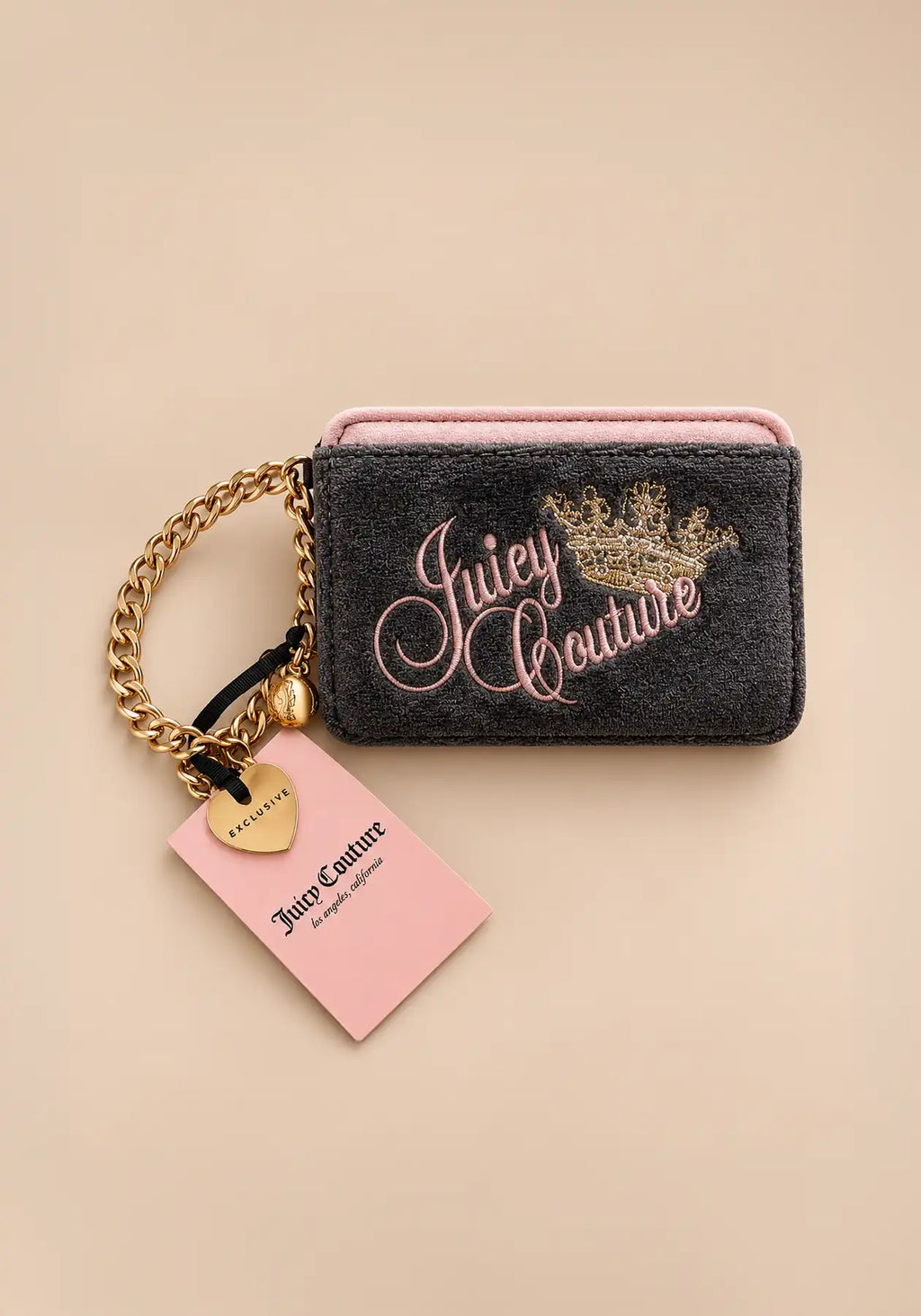 Juicy Couture Pink & Brown, Velour Wristlet Wallet with Gold Chain