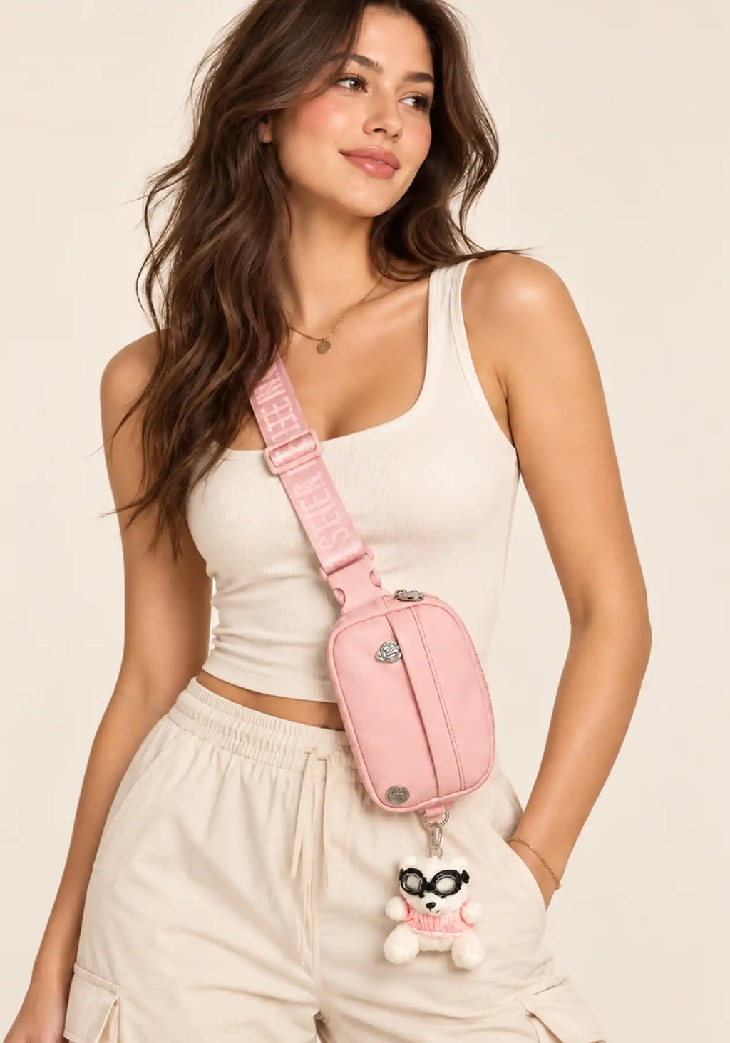 Steve Madden Pink Crossbody Pouch with Plush Charm