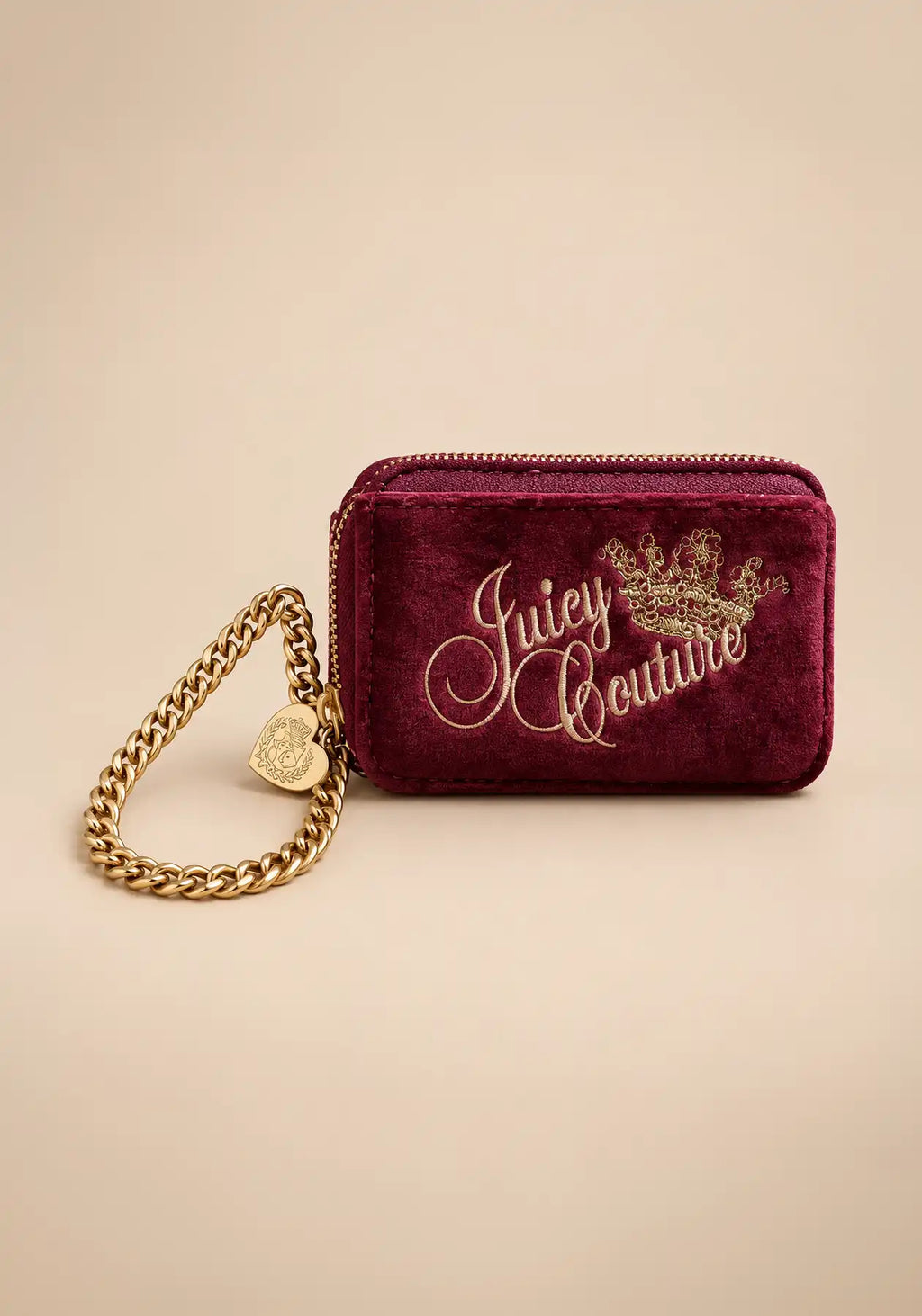 Juicy Couture Burgundy Velour Wristlet Wallet with Gold Chain